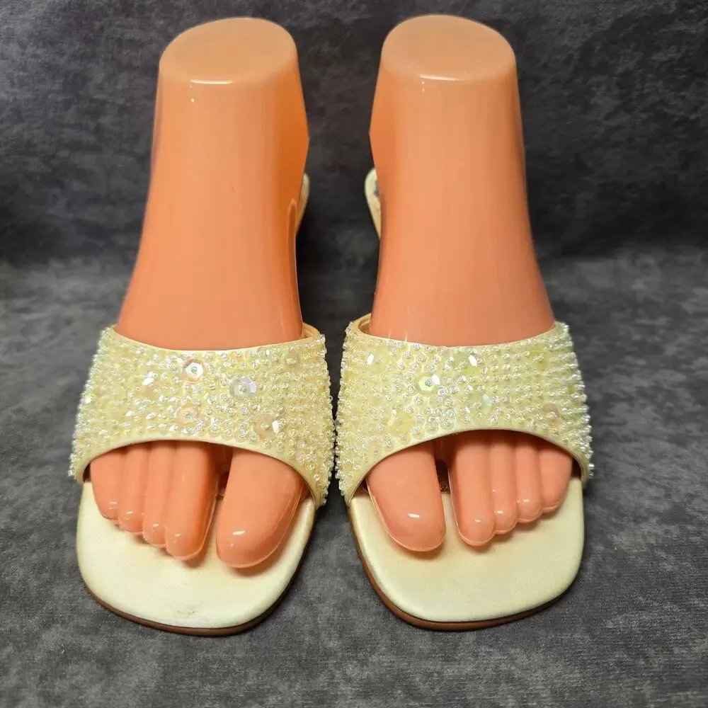 Caparros White Sequin Open Toe Slide On High Heels Mules Women's Size 8B